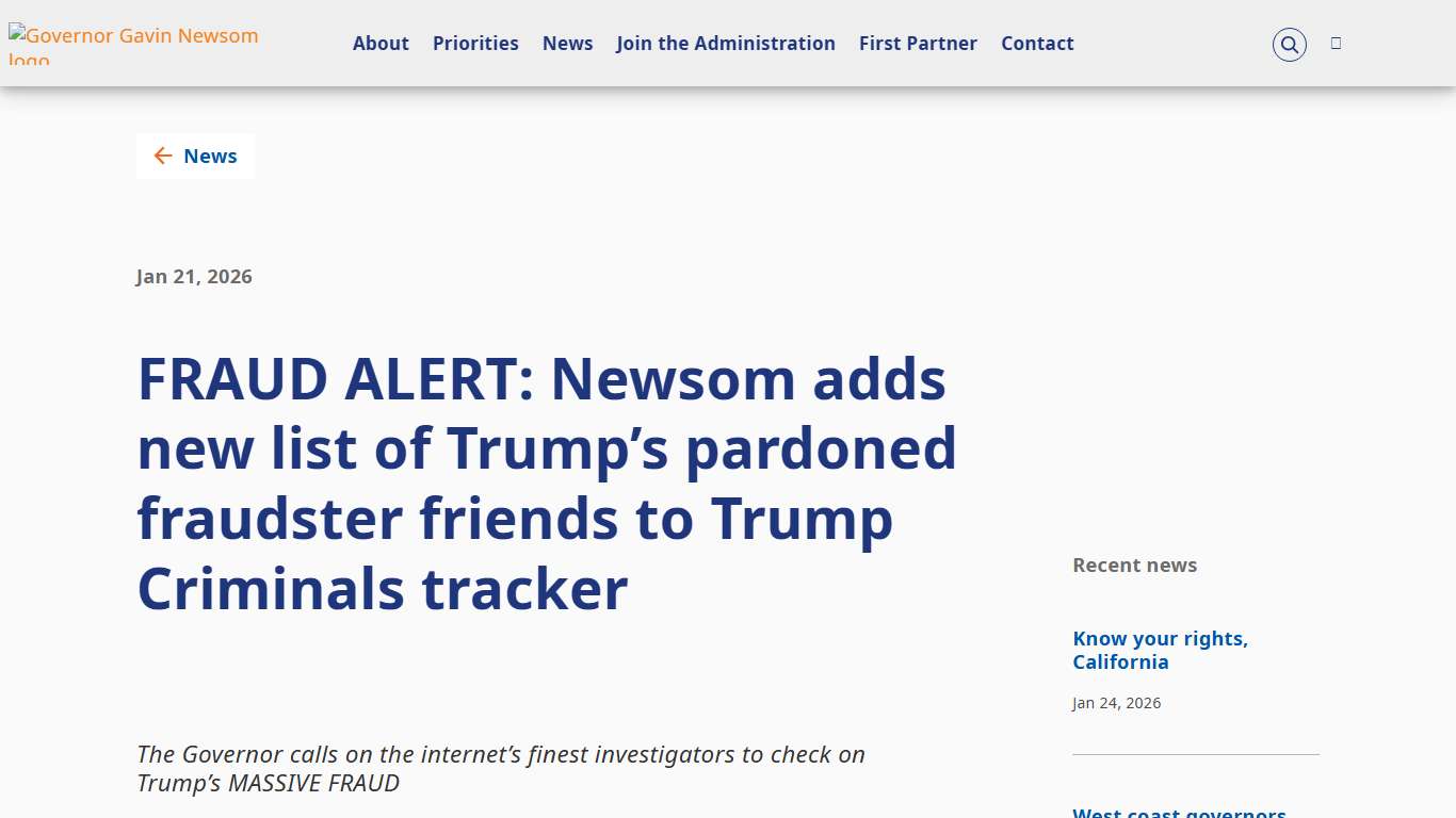 FRAUD ALERT: Newsom adds new list of Trump’s pardoned fraudster friends to Trump Criminals tracker Governor of California